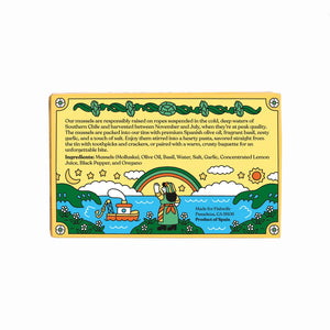Fishwife Mussels in Basil Pesto decorative label with a colorful illustration and text on a white background