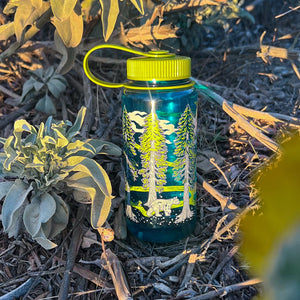 Mustard Beetle Redwoods, 16oz Wide Mouth Nalgene Water Bottle outdoors.