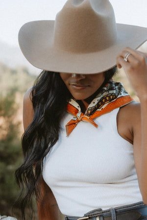 Bandits Creatures of the Night Bandana worn by a woman outdoors.