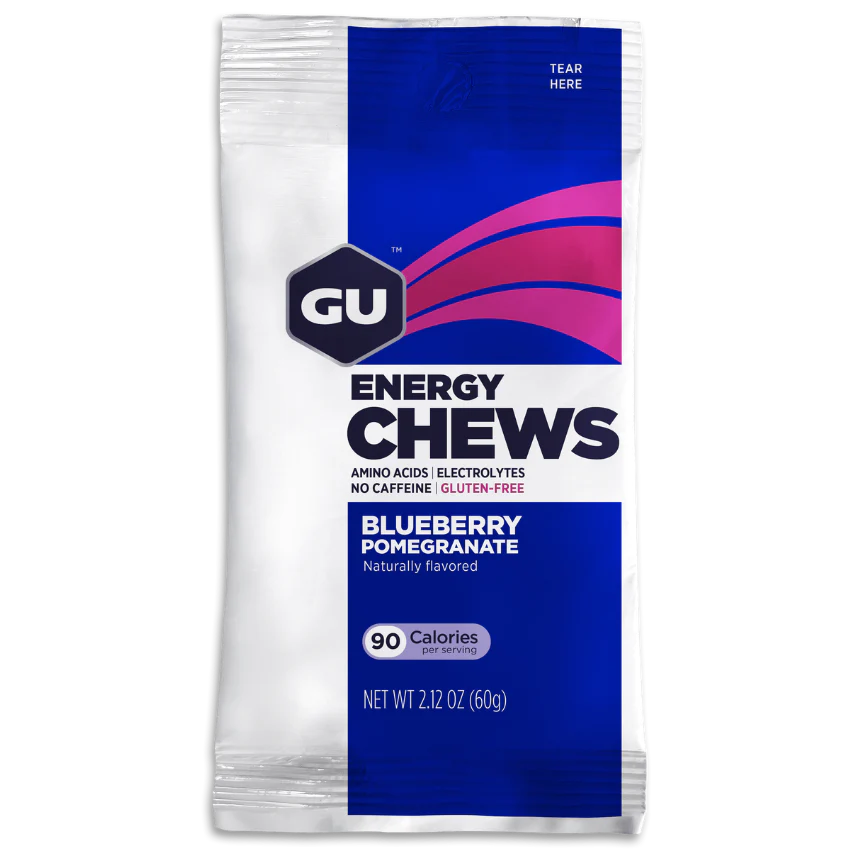 GU Energy Chews in Blueberry Pomegranate on a transparent background.