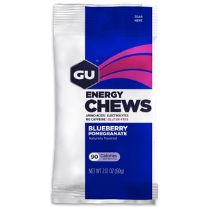 GU Energy Chews in Blueberry Pomegranate on a transparent background.