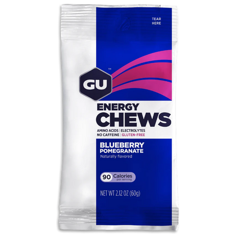 GU Energy Chews in Blueberry Pomegranate on a transparent background.