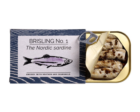 Fangst Nordic Smoked Sardine with Heather & Chamomile with packaging labeled 'Brisling No. 1' on a white background