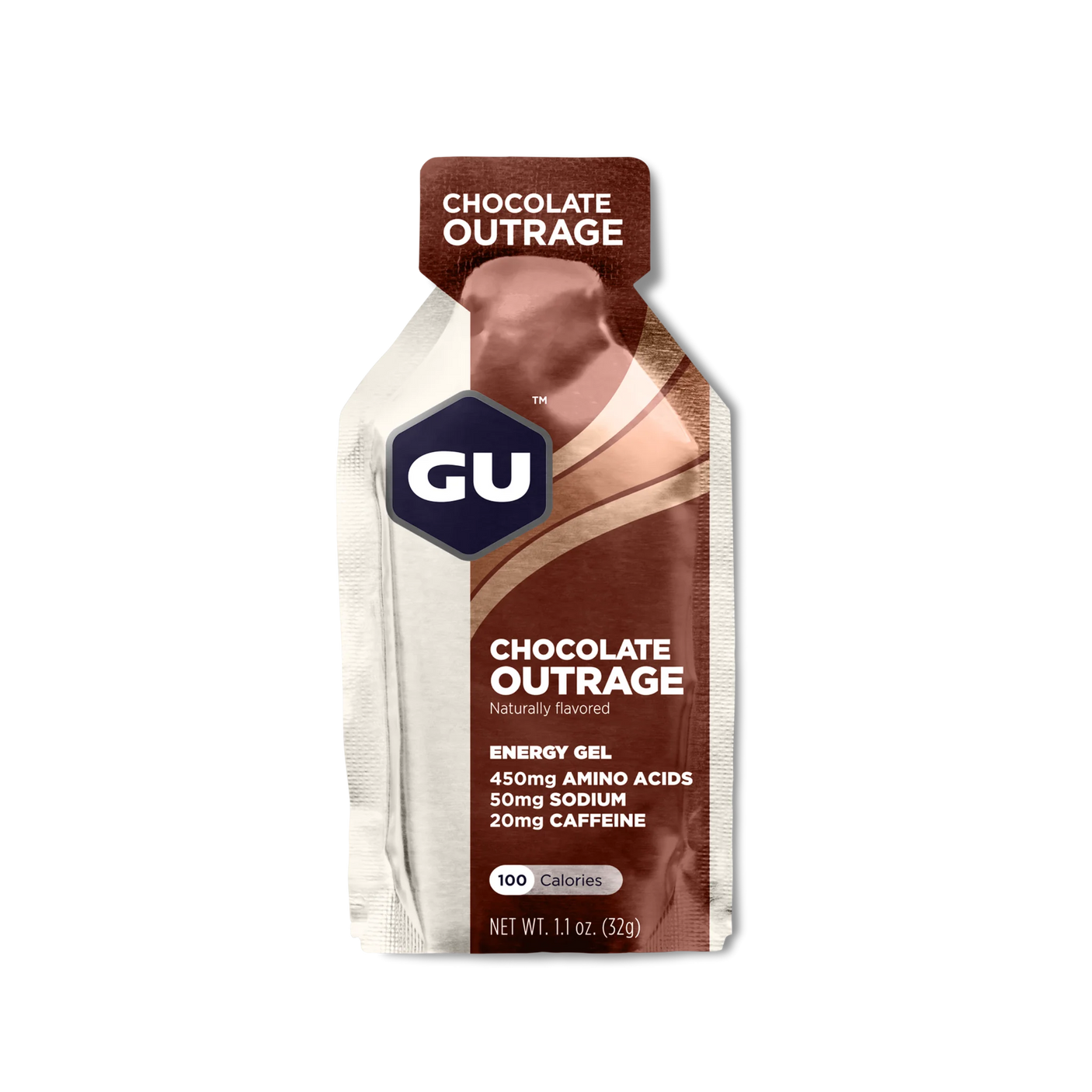 Gu Energy Gel in Chocolate Outrage on a transparent background.