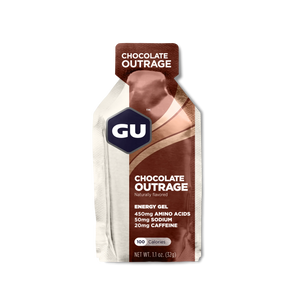 Gu Energy Gel in Chocolate Outrage on a transparent background.