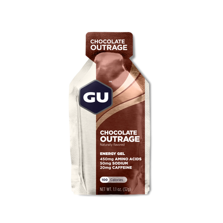 Gu Energy Gel in Chocolate Outrage on a transparent background.