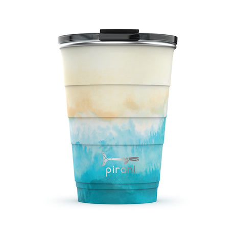 Pirani stackable insulated tumbler decorated with a coastal beach graphic.