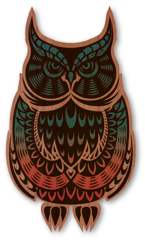Dust City sustainable wood sticker of a rainbow owl on cherry wood.