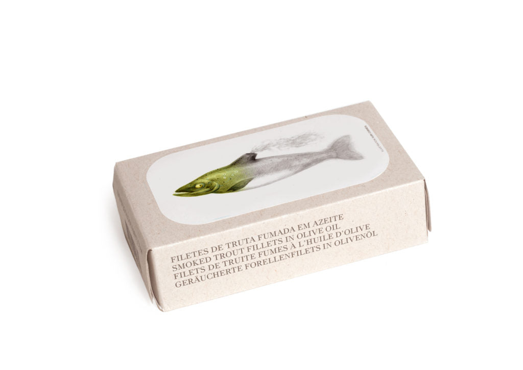 Box of Jose Gourmet Smoked Trout Fillets in Olive Oil with a picture of a fish on a white background