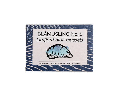 Fangst Limfjord Blue Mussels in Dill & Fennel with a blue and white design.