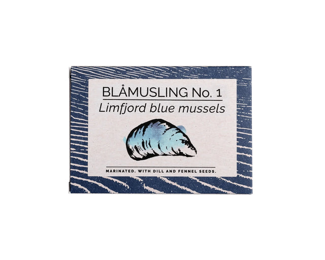 Fangst Limfjord Blue Mussels in Dill & Fennel with a blue and white design.