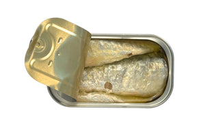Open can of Jose Gourmet Sardines in Extra Virgin Olive Oil on a white background