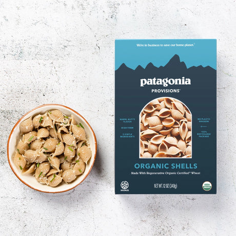 Patagonia Provisions Organic Pasta Shells 12oz Box packaging and contents on a neutral background.