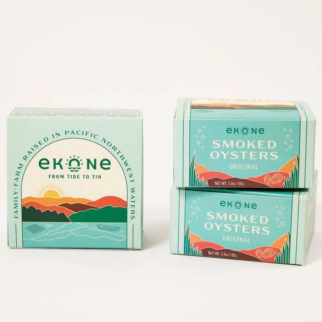 Ekone Original Smoked Oysters tinned seafood on a neutral background.