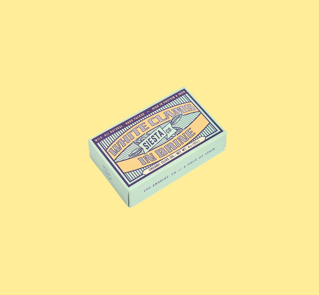 Box of Siesta Co. White Clams in Brine on a yellow background