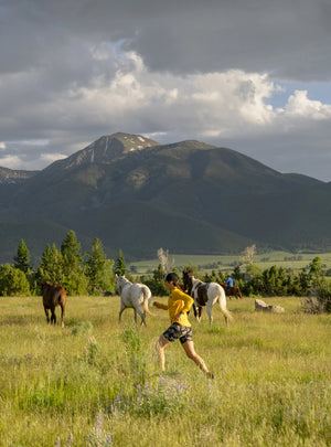 Janji's Women's 7" Pace Short in Dancing Horses worn outdoors in a field of horses.