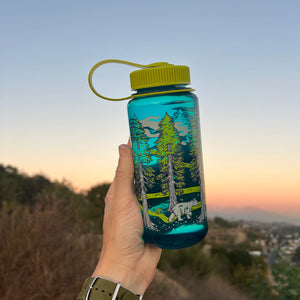 Mustard Beetle Redwoods, 16oz Wide Mouth Nalgene Water Bottle outdoors.