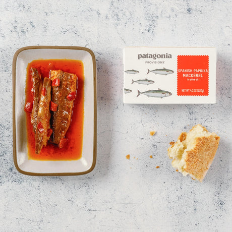 Patagonia Provisions Spanish Paprika Mackerel tinned fish contents and packaging on a neutral background.