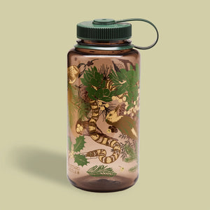 Mustard Beetle Alpine Forest, 32oz Nalgene Water Bottle with nature-themed design on a beige background
