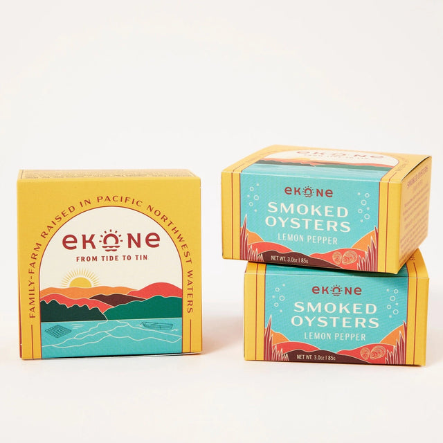 Ekone Lemon Pepper Smoked Oysters tinned seafood packaging on a neutral background.