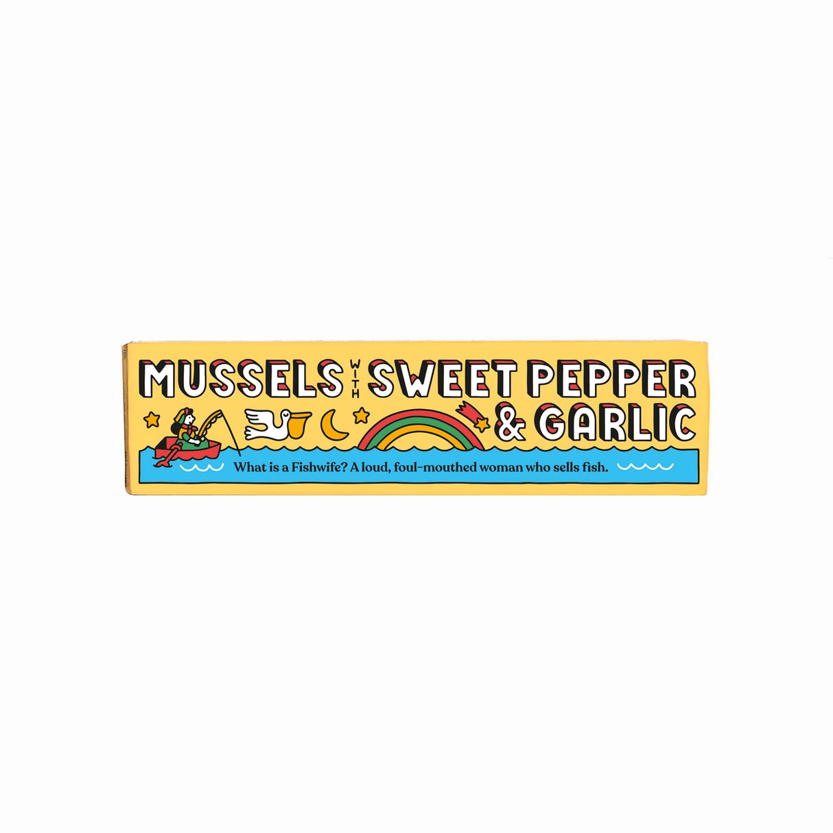 Rectangular label with text 'Fishwife Mussels with Sweet Pepper and Garlic' on a white background