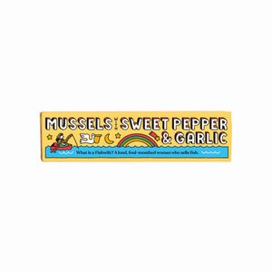 Rectangular label with text 'Fishwife Mussels with Sweet Pepper and Garlic' on a white background