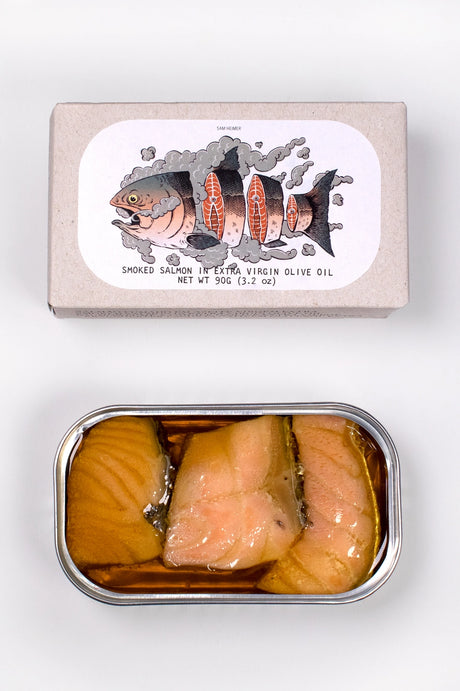 Jose Gourmet Smoked Salmon in Extra Virgin Olive Oil with a label on a white background
