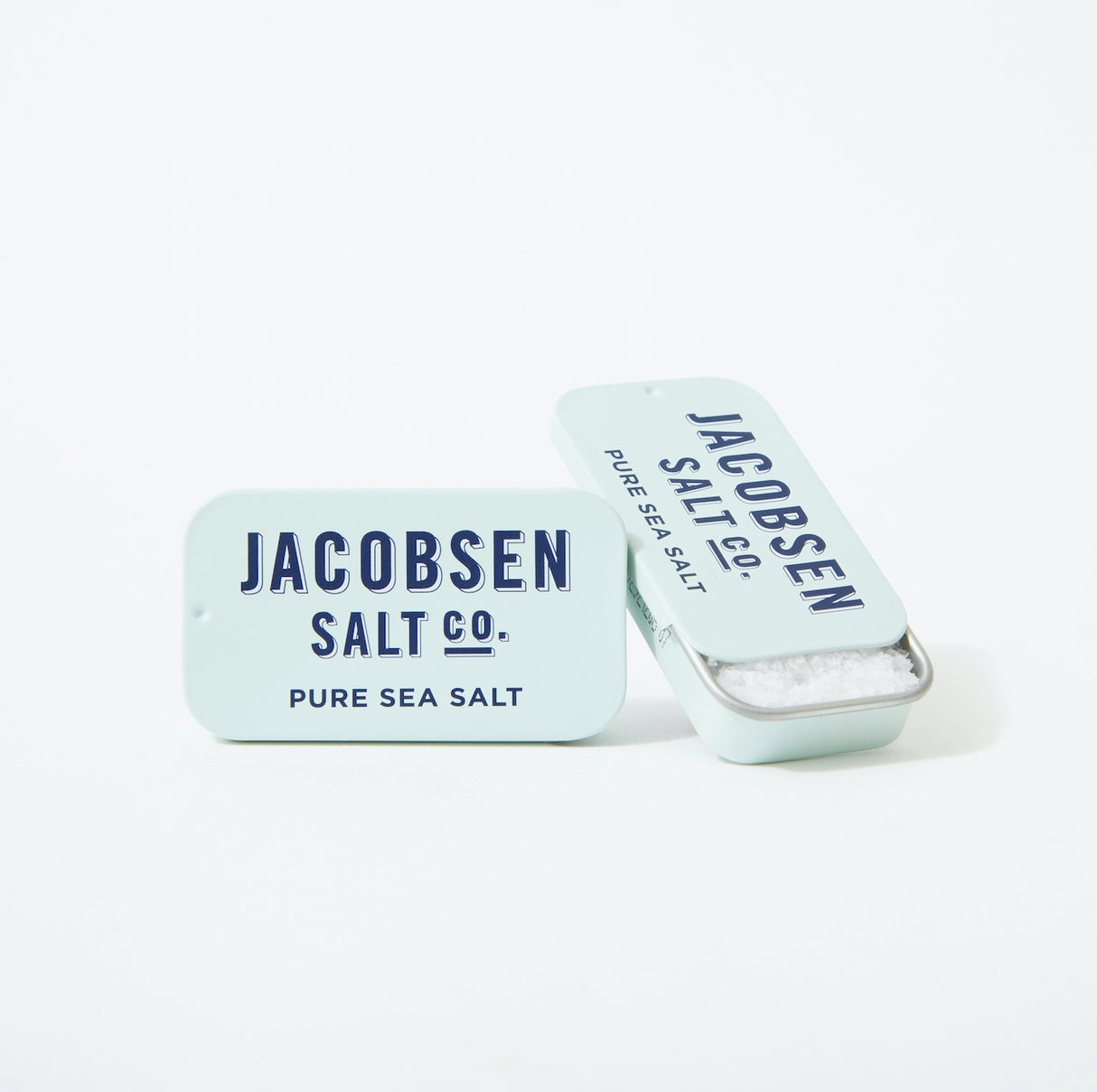 Jacobsen Salt Co. Kosher Sea Salt Slide Tin pure sea salt on a white background