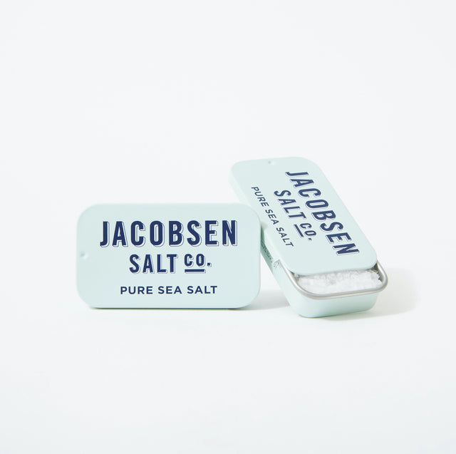 Jacobsen Salt Co. Kosher Sea Salt Slide Tin pure sea salt on a white background