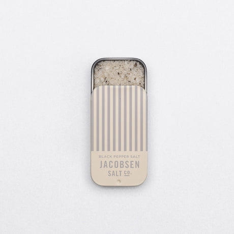 Jacobsen Salt Co. Infused Black Pepper Sea Salt Slide Tin on a white background