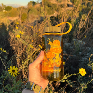 Mustard Beetle Toad & Mushrooms, 16oz Wide Mouth Nalgene Water Bottle outdoors.