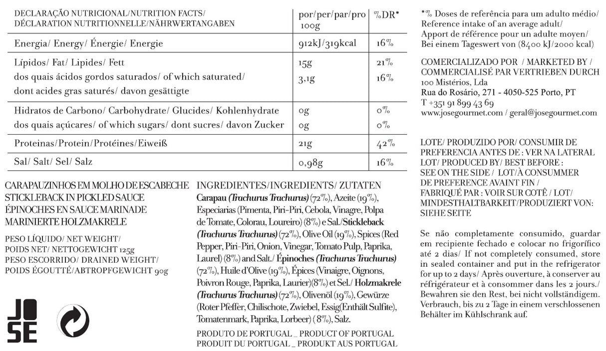 Nutritional information and ingredient list for Jose Gourmet Stickleback in Pickled Sauce.