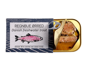 Can of Fangst Danish Smoked Trout with Juniper & Lemon Thyme with label on a white background