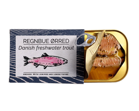 Can of Fangst Danish Smoked Trout with Juniper & Lemon Thyme with label on a white background
