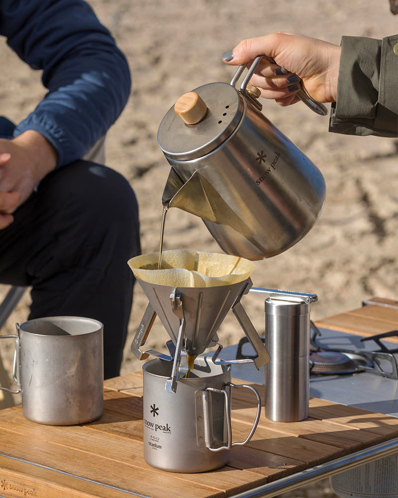 Snow Peak Field Barista Kettle for camp coffee outdoors.