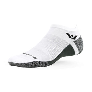 Swiftwick Flite XT No Show trail running socks in White on a neutral background.