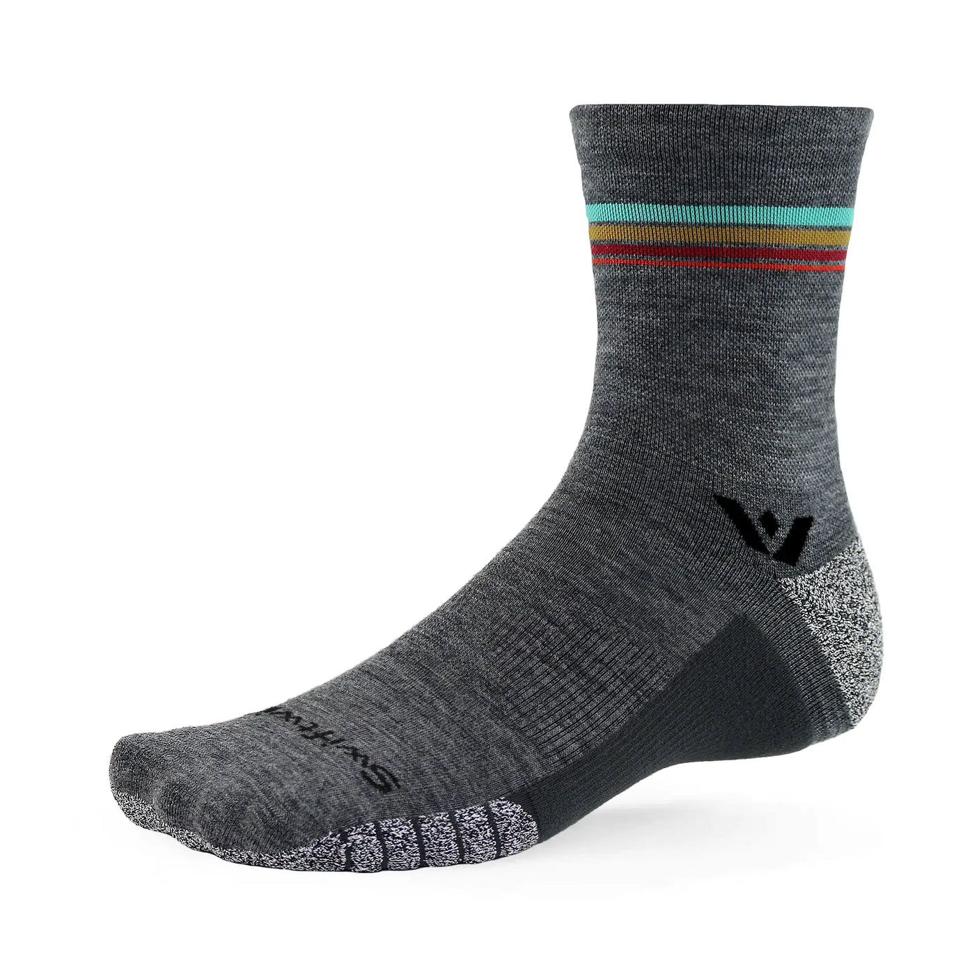 Swiftwick Flite XT Trail Mid-Crew trail running socks in Heather Sunrise Stripe on a neutral background.