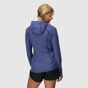 Outdoor Research Women's Echo Hoodie sun hoodie in Galactic on a neutral background.