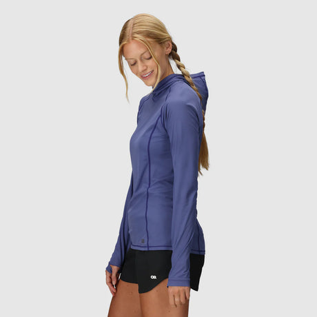 Outdoor Research Women's Echo Hoodie sun hoodie in Galactic on a neutral background.