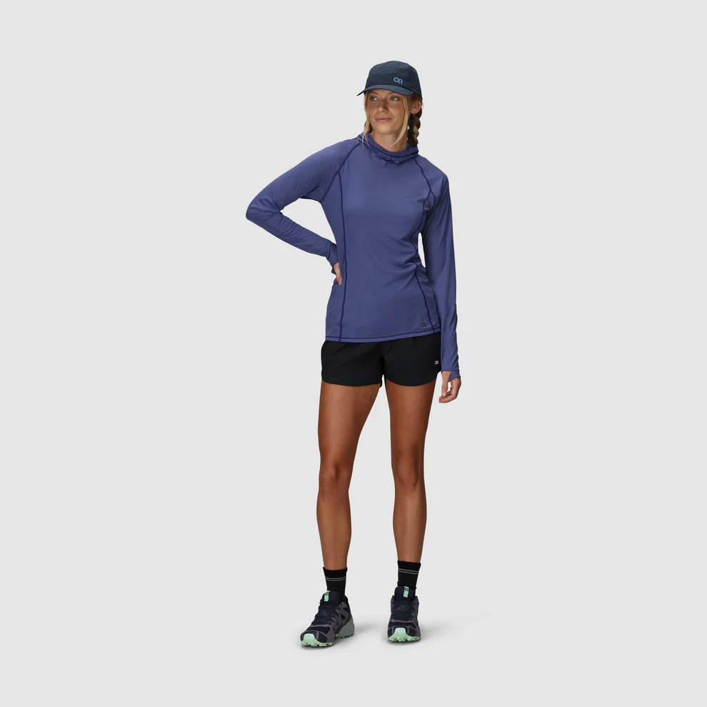 Outdoor Research Women's Echo Hoodie sun hoodie in Galactic on a neutral background.