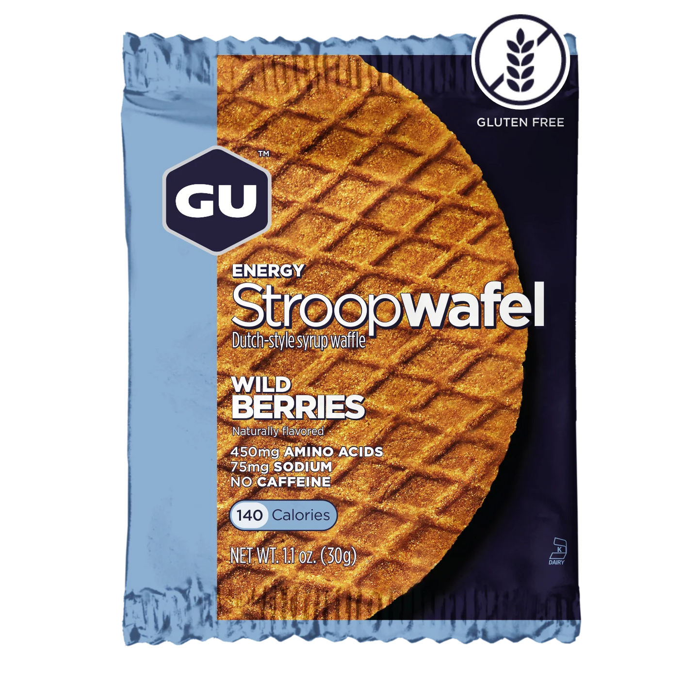 Gu Energy Stroopwafel energy waffle in Wild Berries on a transparent background.