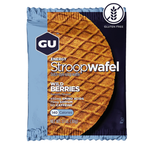 Gu Energy Stroopwafel energy waffle in Wild Berries on a transparent background.