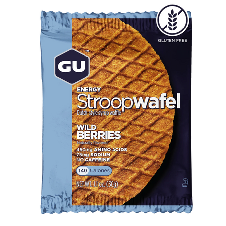 Gu Energy Stroopwafel energy waffle in Wild Berries on a transparent background.