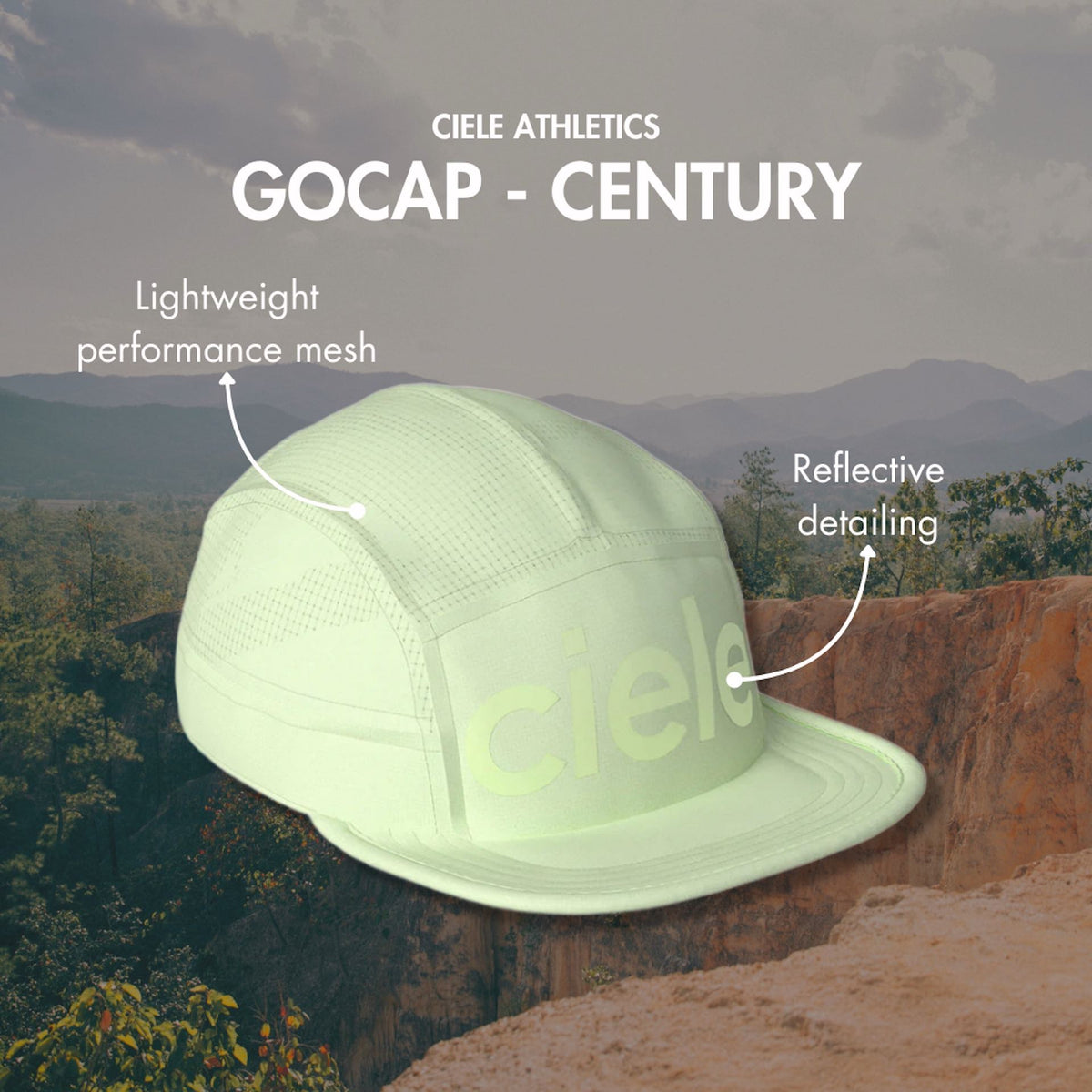 The Ciele Athletics GOCap - Century is made with a lightweight performance mesh and features reflective detailing.
