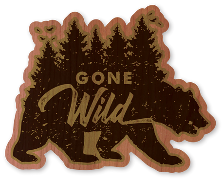 Dust City sustainable wood sticker depicting a bear with a forest and the phrase Gone Wild.