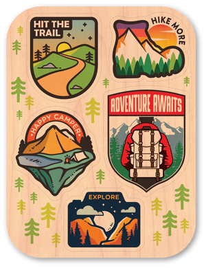 Dust City sustainable wood mini sticker pack features five outdoor-oriented mini stickers.