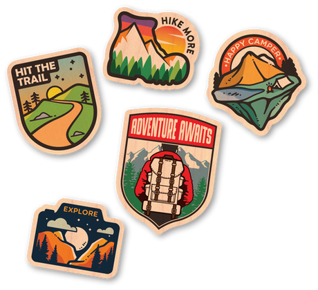 Dust City sustainable wood mini sticker pack features five outdoor-oriented mini stickers.