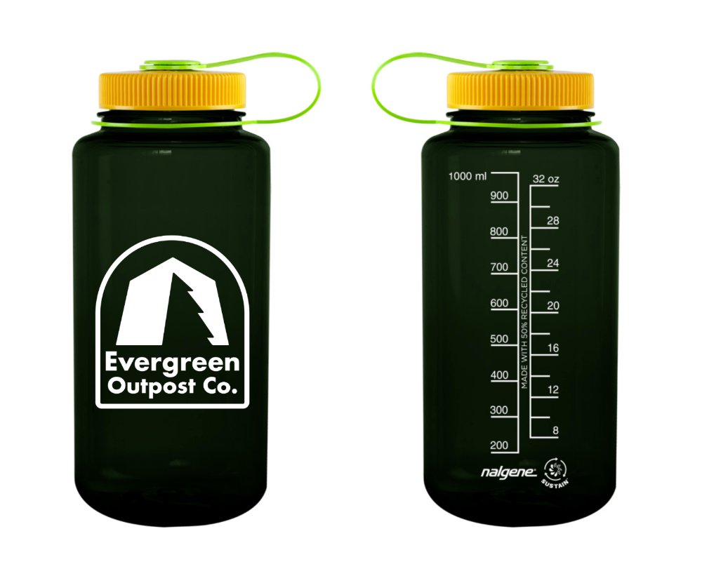 Evergreen Outpost Co. logo Nalgene in jade green with a yellow cap and white Evergreen Outpost Co. camp logo.