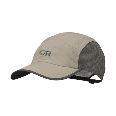 Outdoor Research Swift Cap hiking hat in Khaki/Dark Grey on a neutral background.
