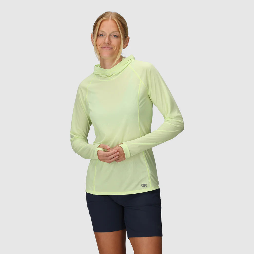 Outdoor Research Women's Echo Hoodie sun hoodie in Cool Matcha on a neutral background.